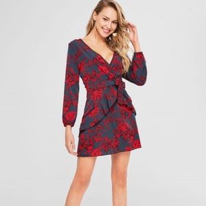 Low Cut Floral Print Dress- Red L